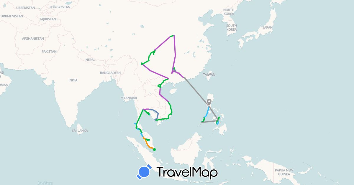 TravelMap itinerary: bus, plane, cycling, train, boat, hitchhiking in China, Cambodia, Malaysia, Philippines, Singapore, Thailand, Vietnam (Asia)